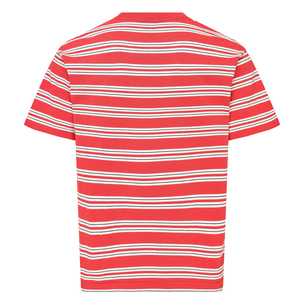 Human Made Striped Short Sleeve Tee in sky blue with horizontal multicolour stripes in cream, yellow, and blush, featuring an embroidered yellow heart logo patch at the chest