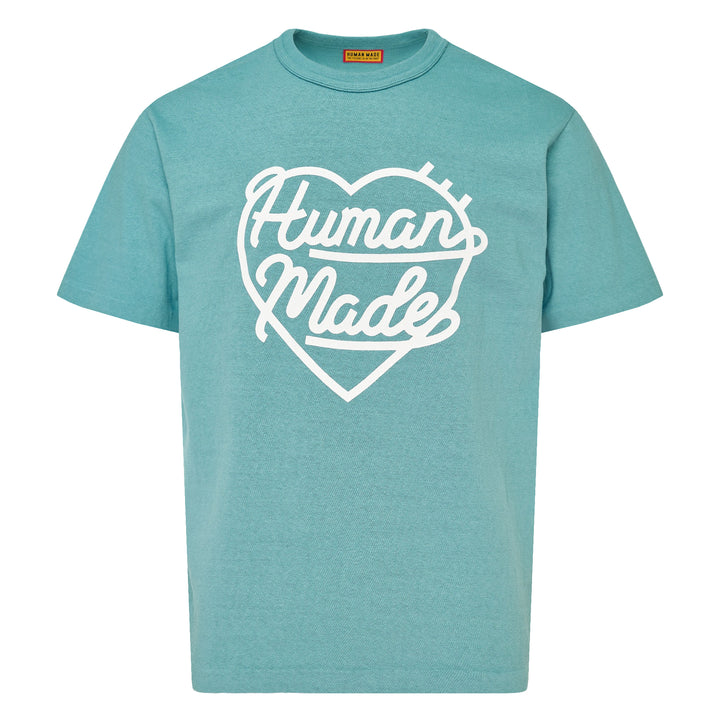 Human Made Color Heart Logo Tee in dusty blue, featuring a white cursive 'Human Made' heart graphic print at the chest, crew neck, and short sleeves