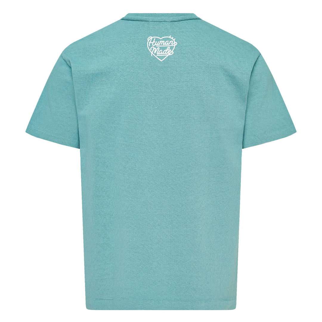 Human Made Color Heart Logo Tee in dusty blue, featuring a white cursive 'Human Made' heart graphic print at the chest, crew neck, and short sleeves