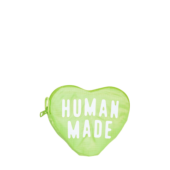 Human Made Heart Shopping Bag in lime green nylon with embroidered heart logo patch and diagonal stripe graphic on the front