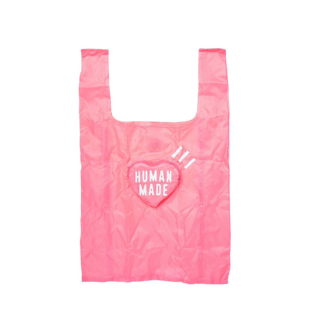 Human Made Heart Shopping Bag in lime green nylon with embroidered heart logo patch and diagonal stripe graphic on the front