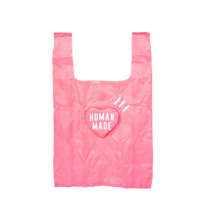 Human Made Heart Shopping Bag in lime green nylon with embroidered heart logo patch and diagonal stripe graphic on the front