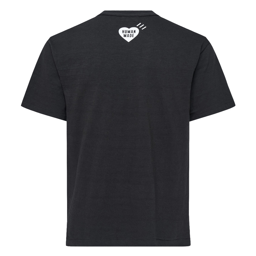 Human Made Heart Graphic Short Sleeve Tee in black, featuring a large retro sunset heart logo print with scripted 'Human Made' lettering in blue, orange, and yellow on the chest