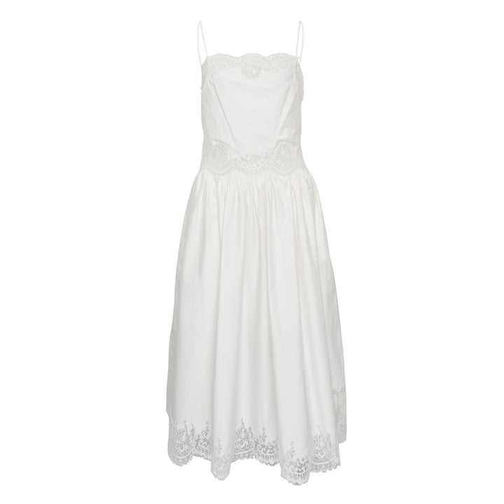 White Cotton Lace Trim Midi Dress