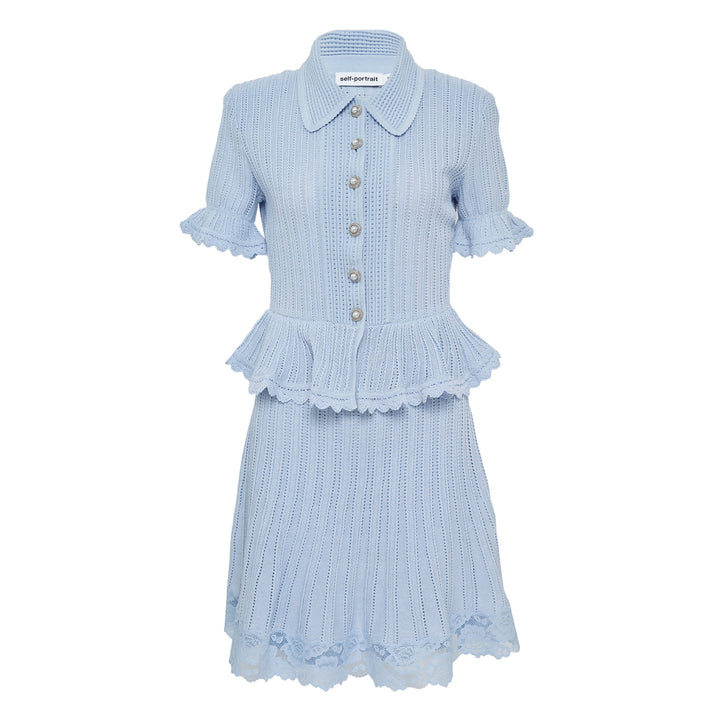 Blue Pointelle Peplum Knit Dress