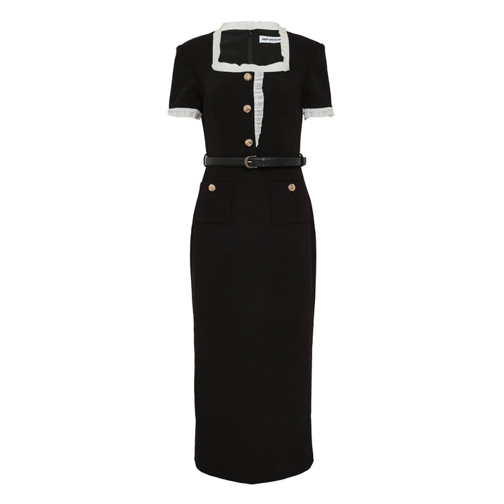 Black Crepe Contrast Frill Midi Dress