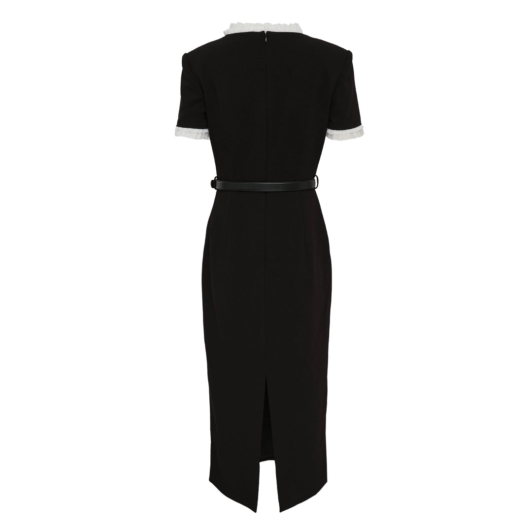 Black Crepe Contrast Frill Midi Dress