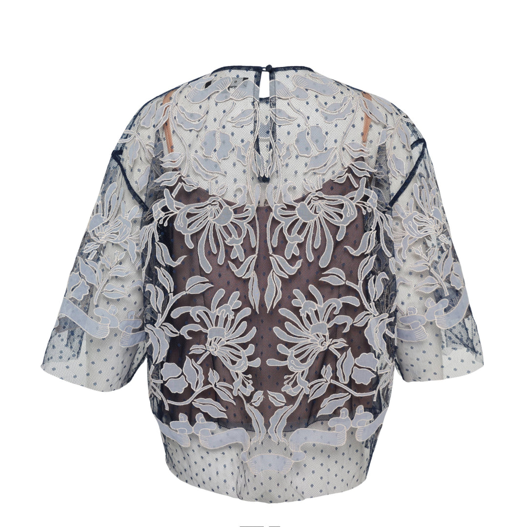 Dot Tulle Top With Linen Embroidery