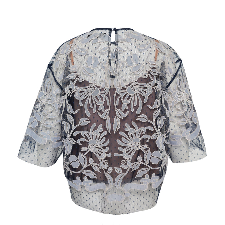 Dot Tulle Top With Linen Embroidery