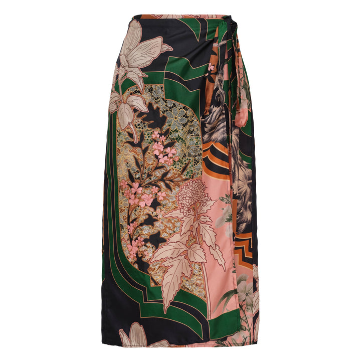 Mix Lace Twill Silk Print Skirt
