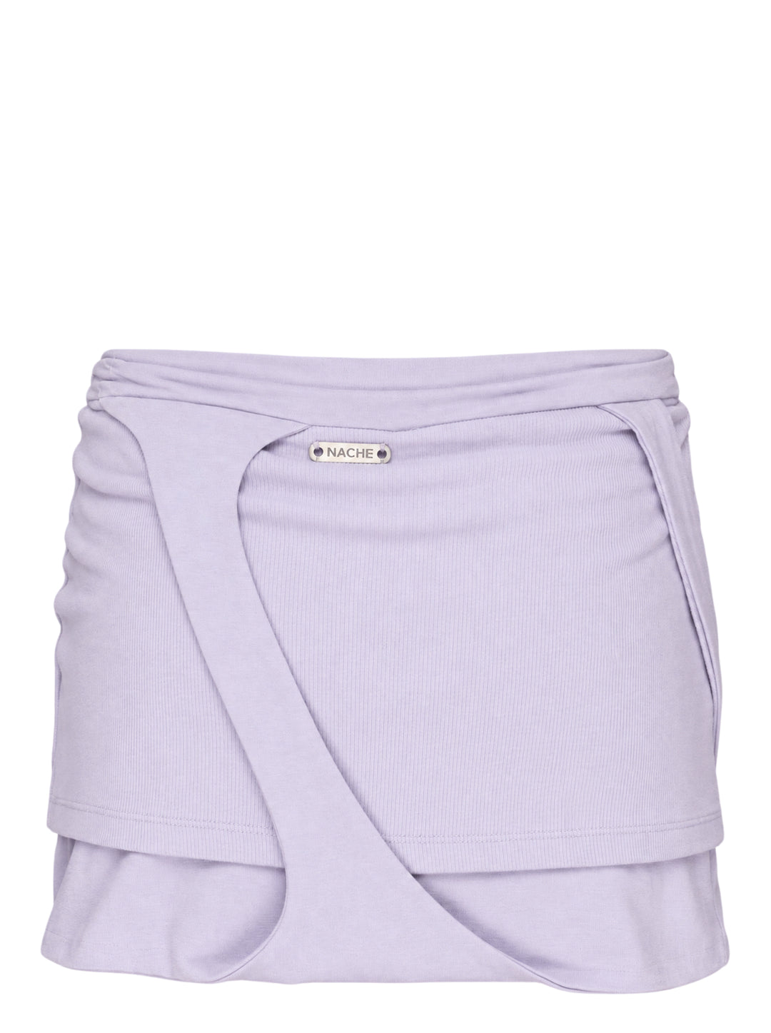 Nache Out In mini skort in lavender ribbed jersey with curved layered wrap overlay and ruched waist - view 2