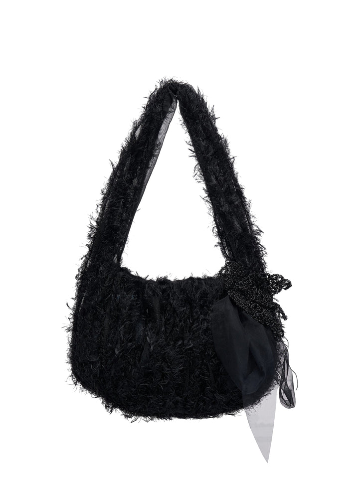 Pauline Dujancourt Small Fluffy Feathers Bag in black with feathered texture, tulle strap and crocheted flower with sheer ribbon detail