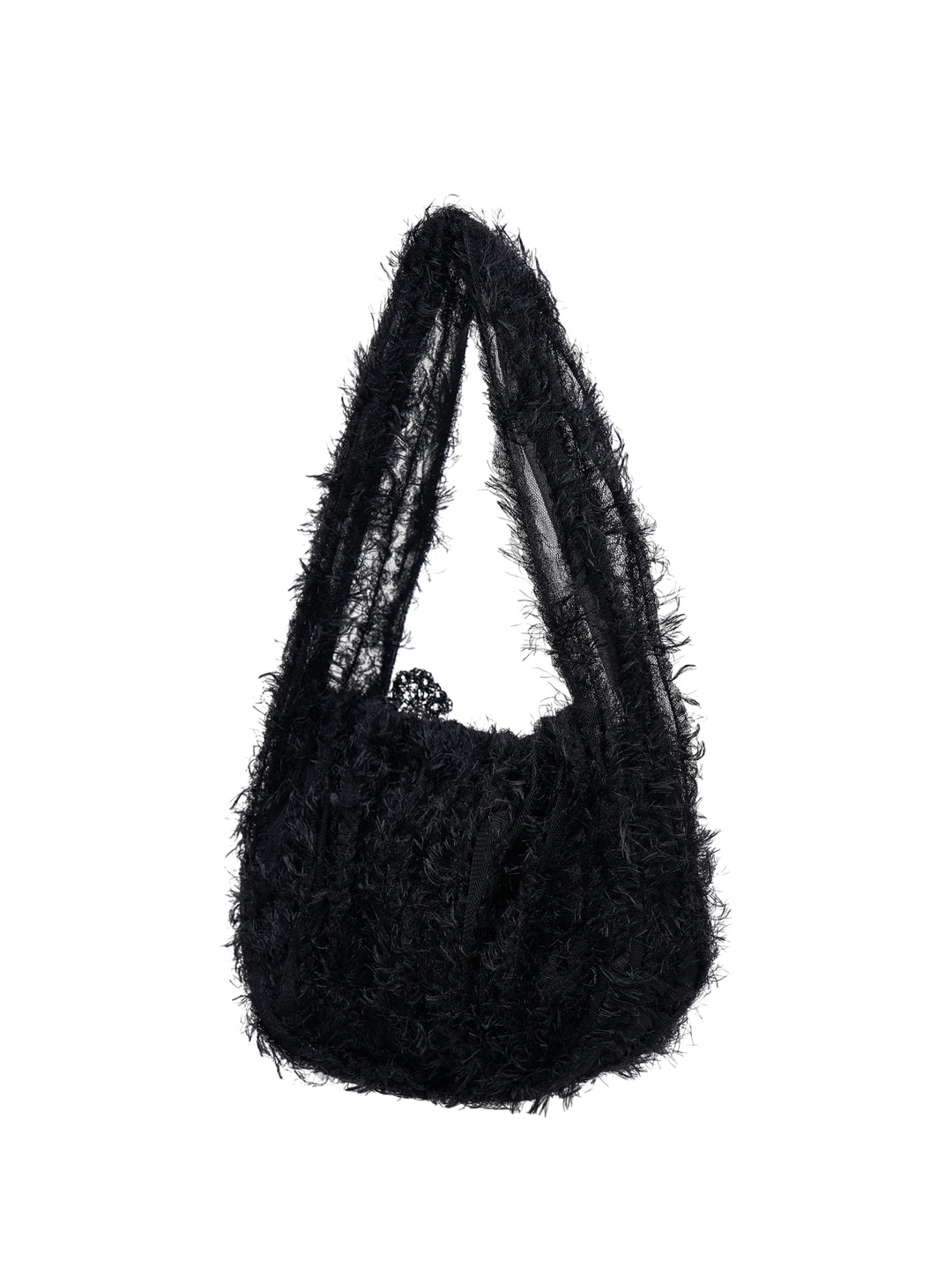 Pauline Dujancourt Small Fluffy Feathers Bag in black with feathered texture, tulle strap and crocheted flower with sheer ribbon detail - view 2