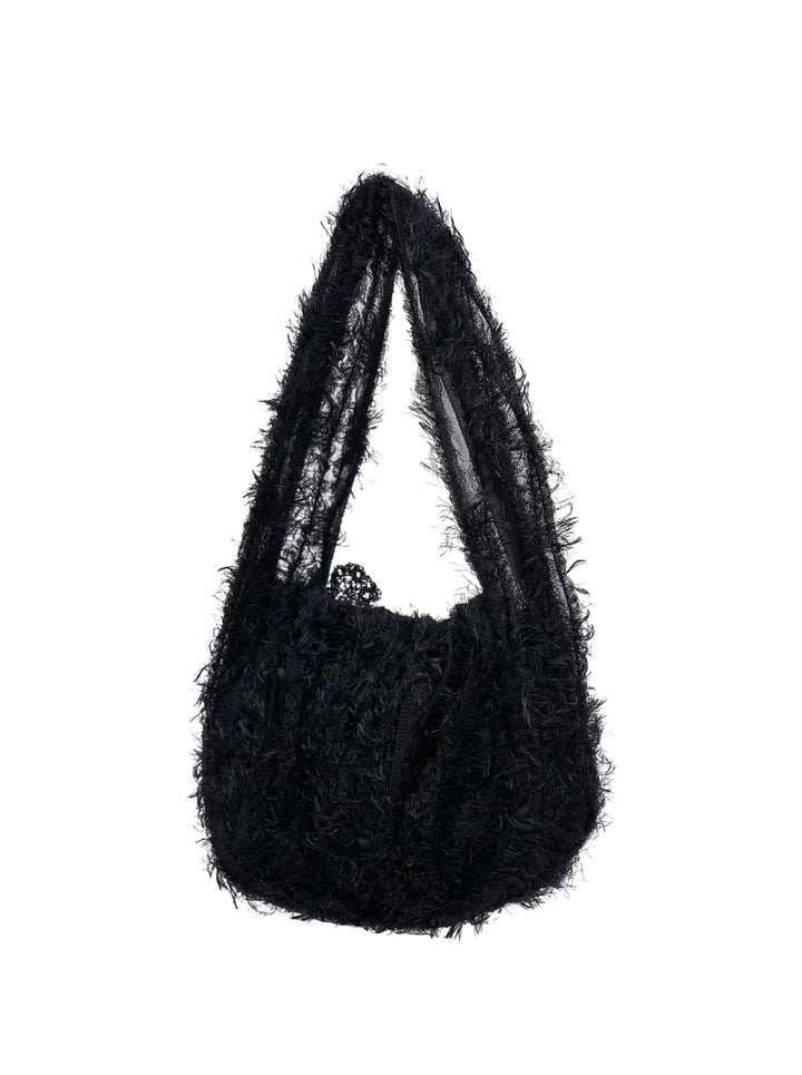 Pauline Dujancourt Small Fluffy Feathers Bag in black with feathered texture, tulle strap and crocheted flower with sheer ribbon detail - view 2