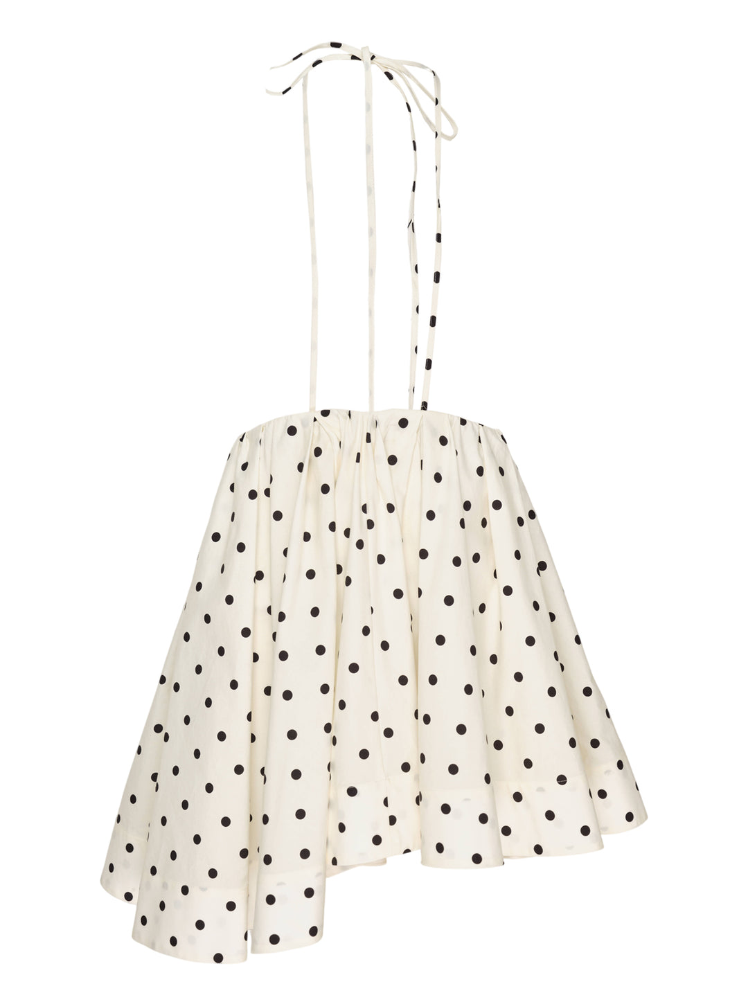 MSGM ivory halter top with black polka dots, tie straps, gathered bodice and flared asymmetric hem