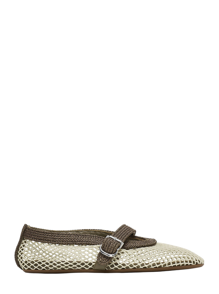 Alaïa cream open-weave mesh Mary Jane ballet flat with taupe crochet trim and silver buckle strap, shown in side profile