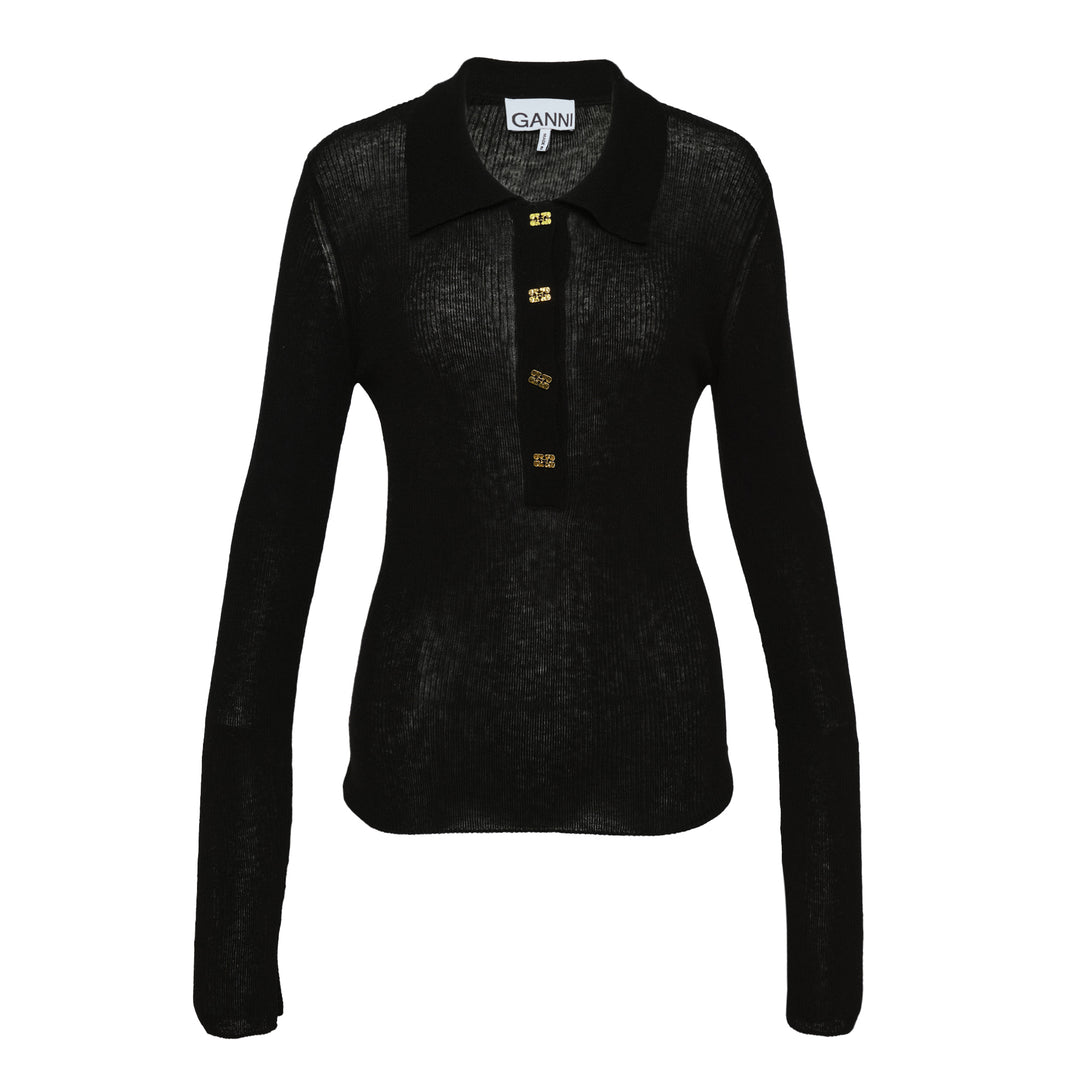 GANNI Sheer Wool Ribbed Polo – Available at Club 21, Official Retailer in Singapore, Malaysia & Thailand with Global Shipping Online