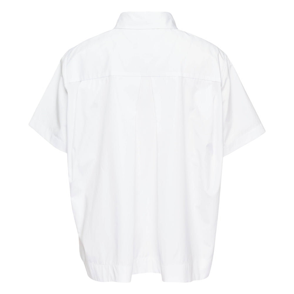 sacai blue and white striped Thomas Mason cotton poplin short sleeve shirt with concealed placket, chest patch pocket, and asymmetric hem with belt tab detail
