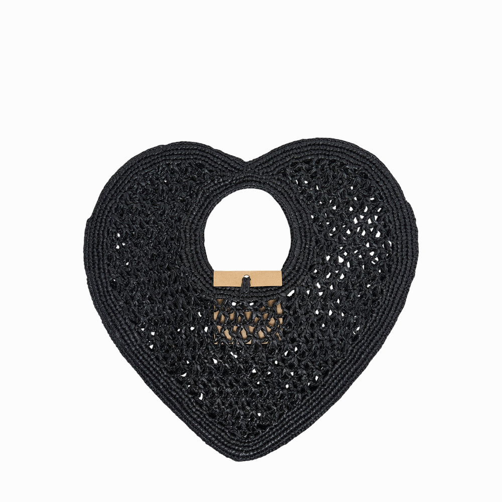 Jacquemus Le Spiaggia Coeur heart-shaped black open-weave raffia bag with circular top handle and gold ball-and-lock closure hardware, front view on white background - view 2