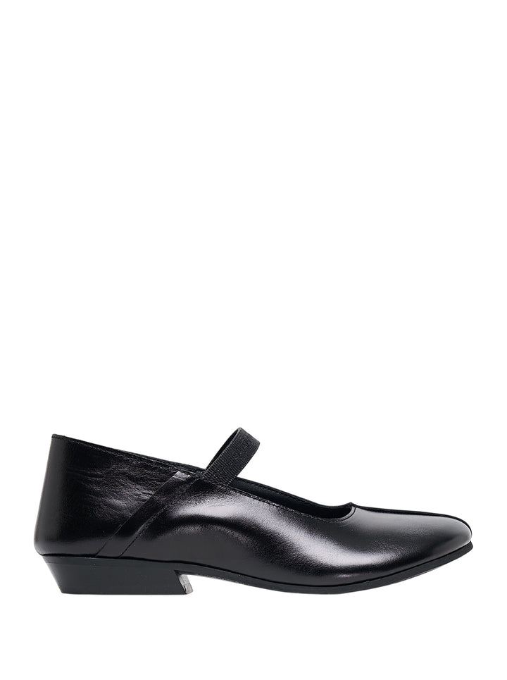 Black polished leather Mary Jane ballet flat with elasticated strap and low heel, side view