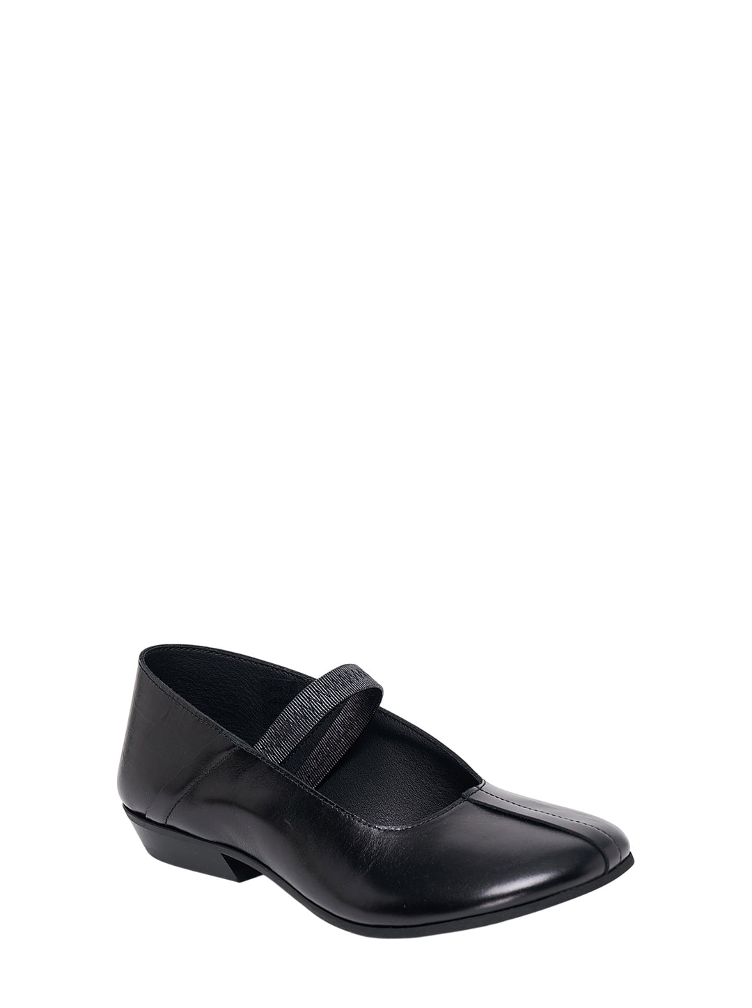Black polished leather Mary Jane ballet flat with elasticated strap and low heel, side view - view 2