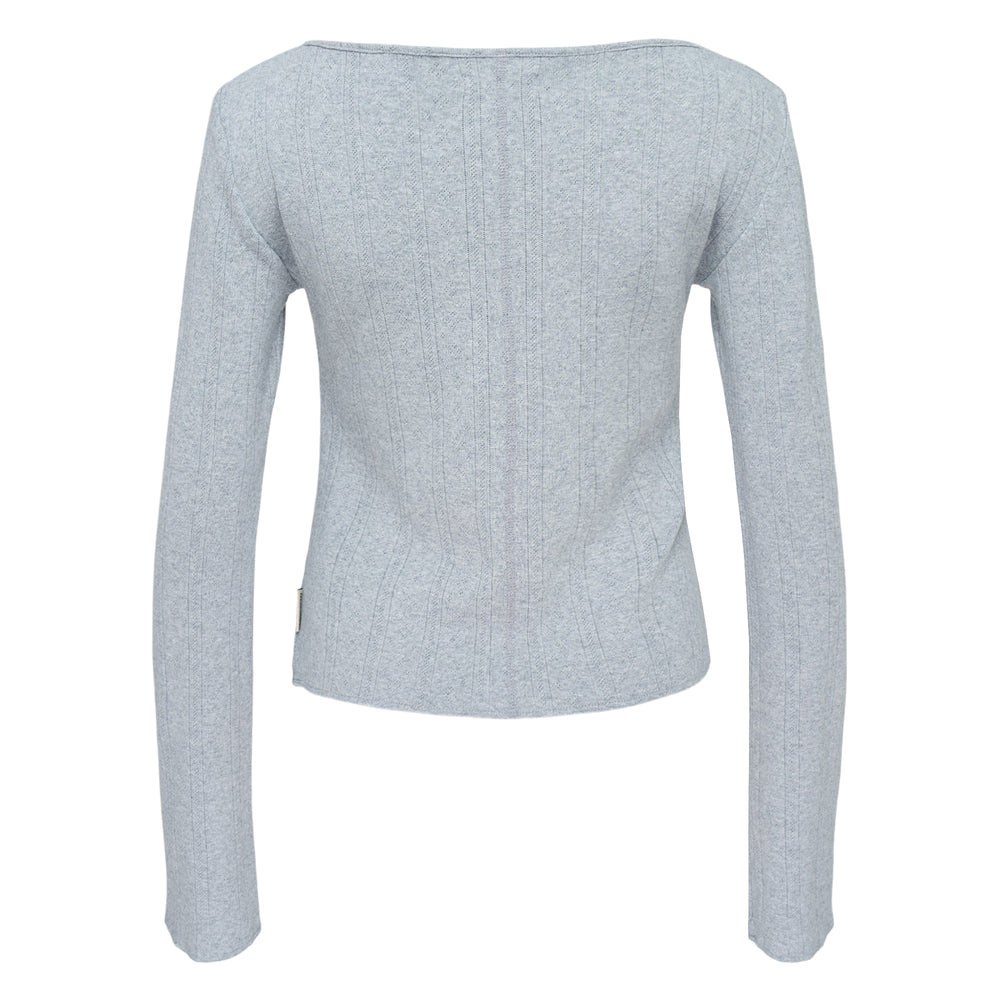 Glowny Honey Eyelet Button Long Sleeve Top in heather grey ribbed knit with tonal button placket and scoop neckline