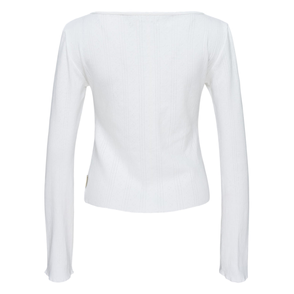 Glowny Honey Eyelet Button Long Sleeve Top in heather grey ribbed knit with tonal button placket and scoop neckline