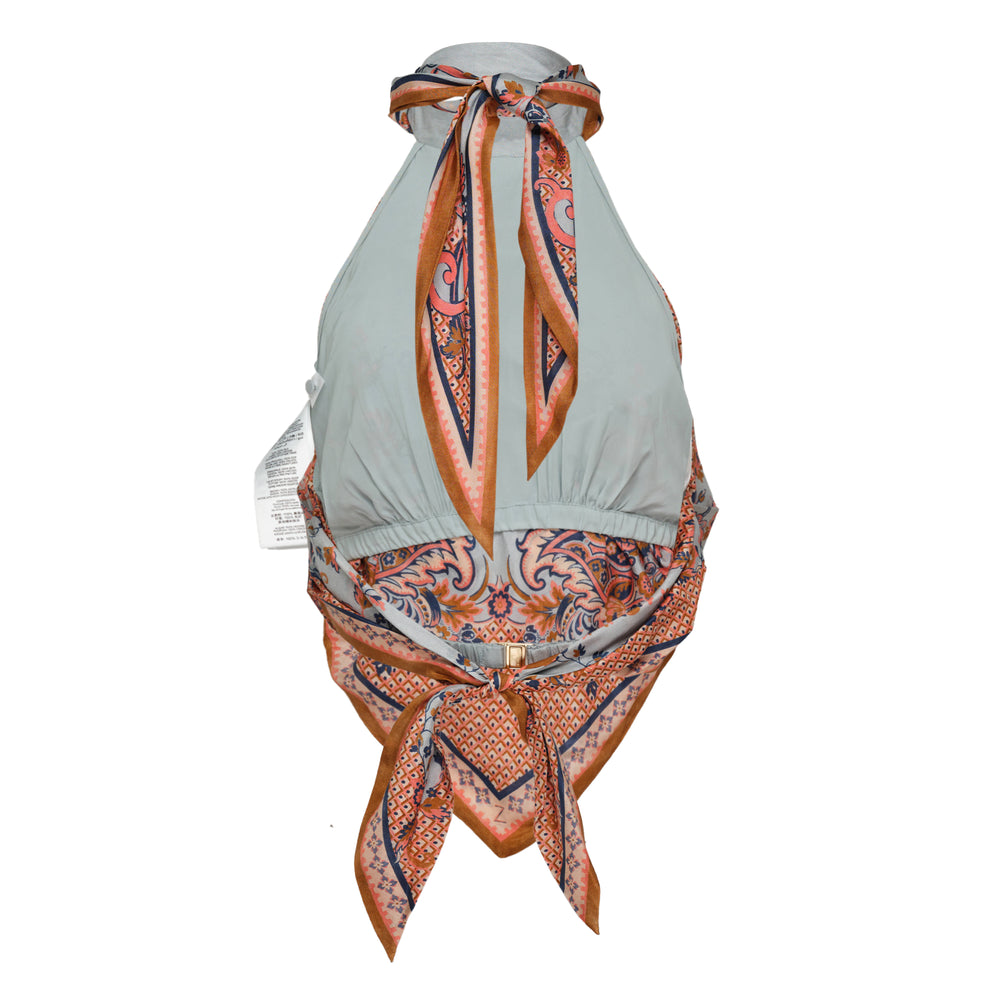 Zimmermann Aster Scarf Bodice displayed flat, featuring an intricate paisley and floral medallion print in coral, blush pink, navy and amber on a grey ground with caramel border trim