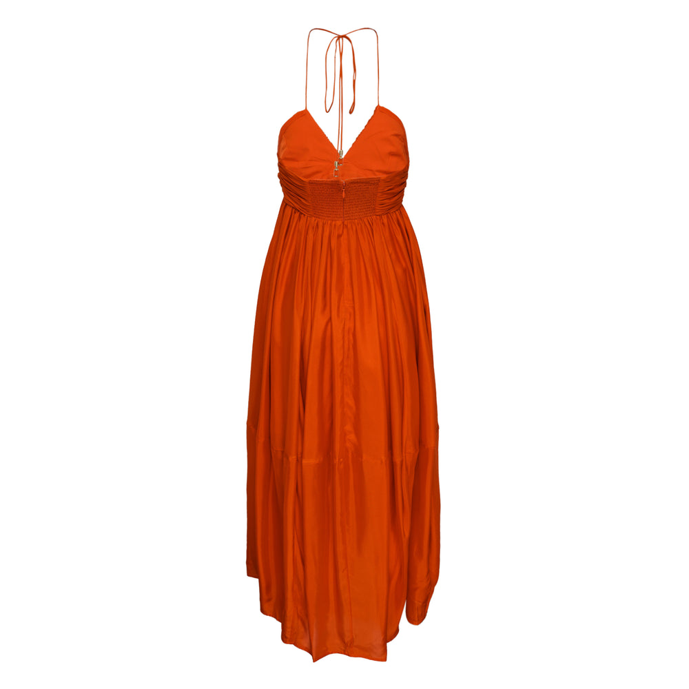 Zimmermann Mahon Halter Maxi Dress in burnt orange with ruched bodice, deep V-neckline, tie halter straps and voluminous tiered skirt