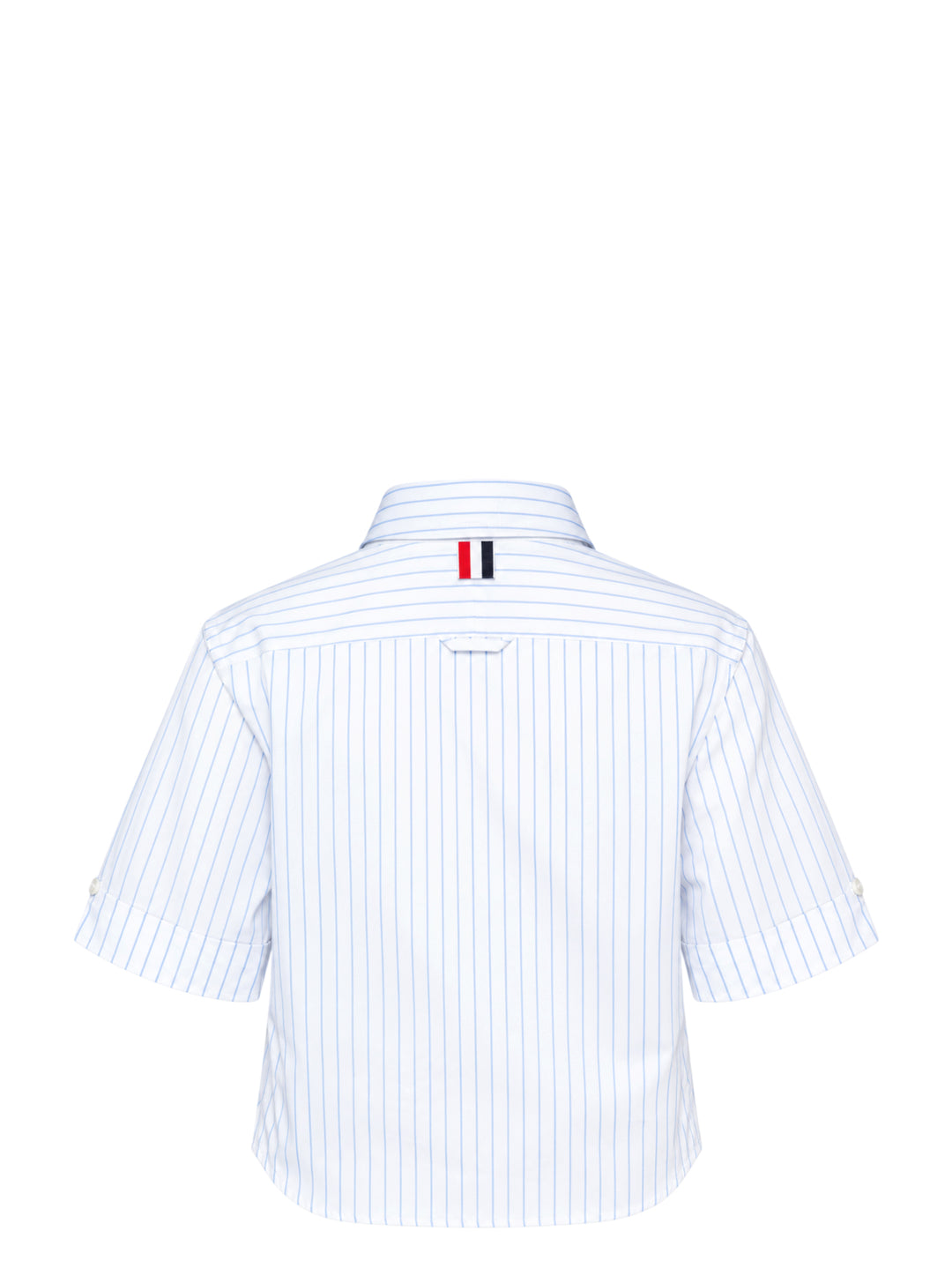 Thom Browne cropped short sleeve shirt in white with blue vertical pinstripes, button-down collar, chest pocket and woven logo label at the hem - view 2