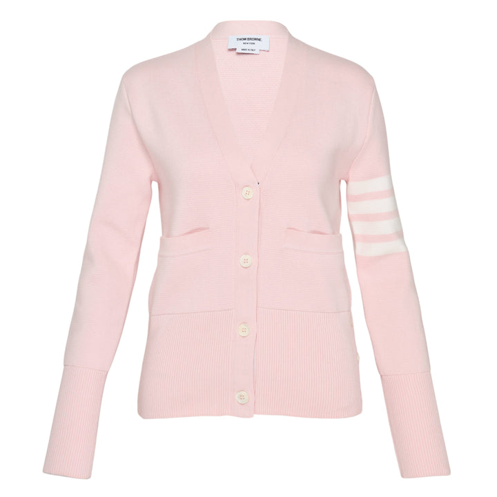 Thom Browne sky blue Milano stitch cardigan with four white bar stripes on the sleeve, V-neck, button front, and patch pockets