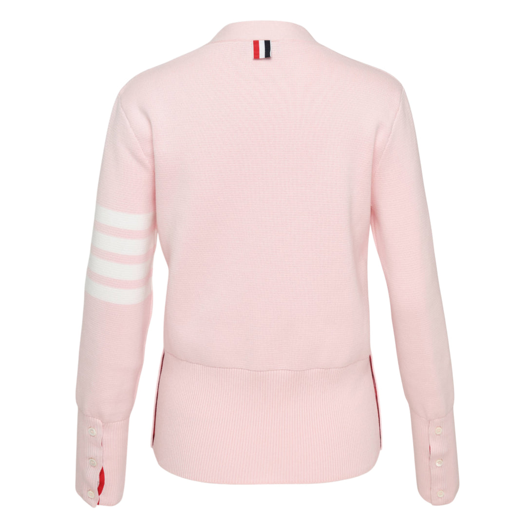 Thom Browne sky blue Milano stitch cardigan with four white bar stripes on the sleeve, V-neck, button front, and patch pockets