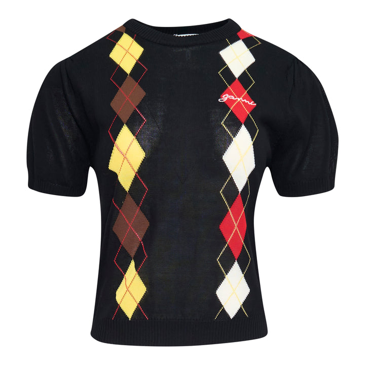 Ganni Argyle Knit T-Shirt in cream with pastel blue, green, and pink diamond jacquard pattern, short puff sleeves, ribbed crewneck, and Ganni script logo embroidery on the chest