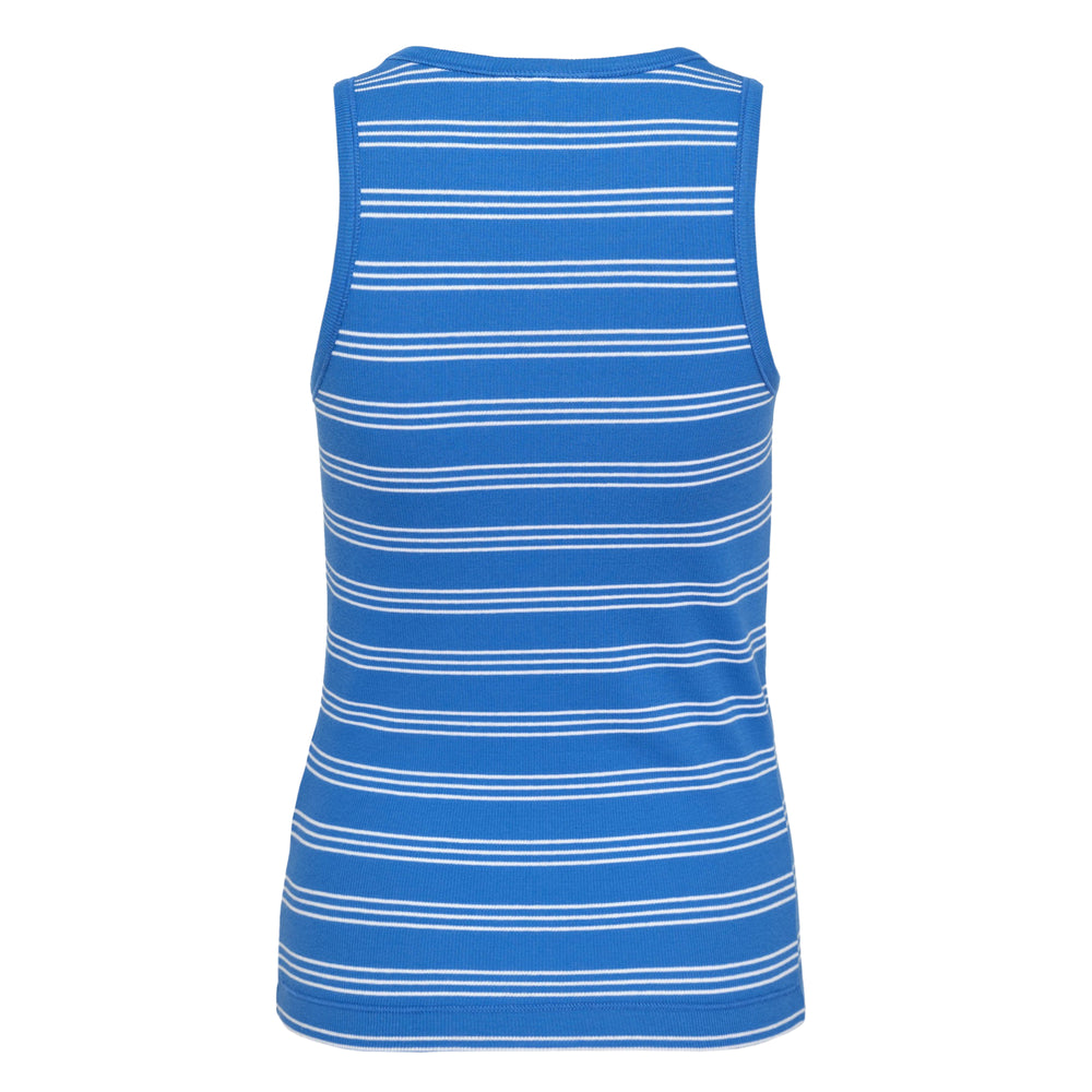Ganni Soft Cotton Rib Stripe Tank in blue and white horizontal stripes with a tonal embroidered butterfly logo at the chest, shown from the front