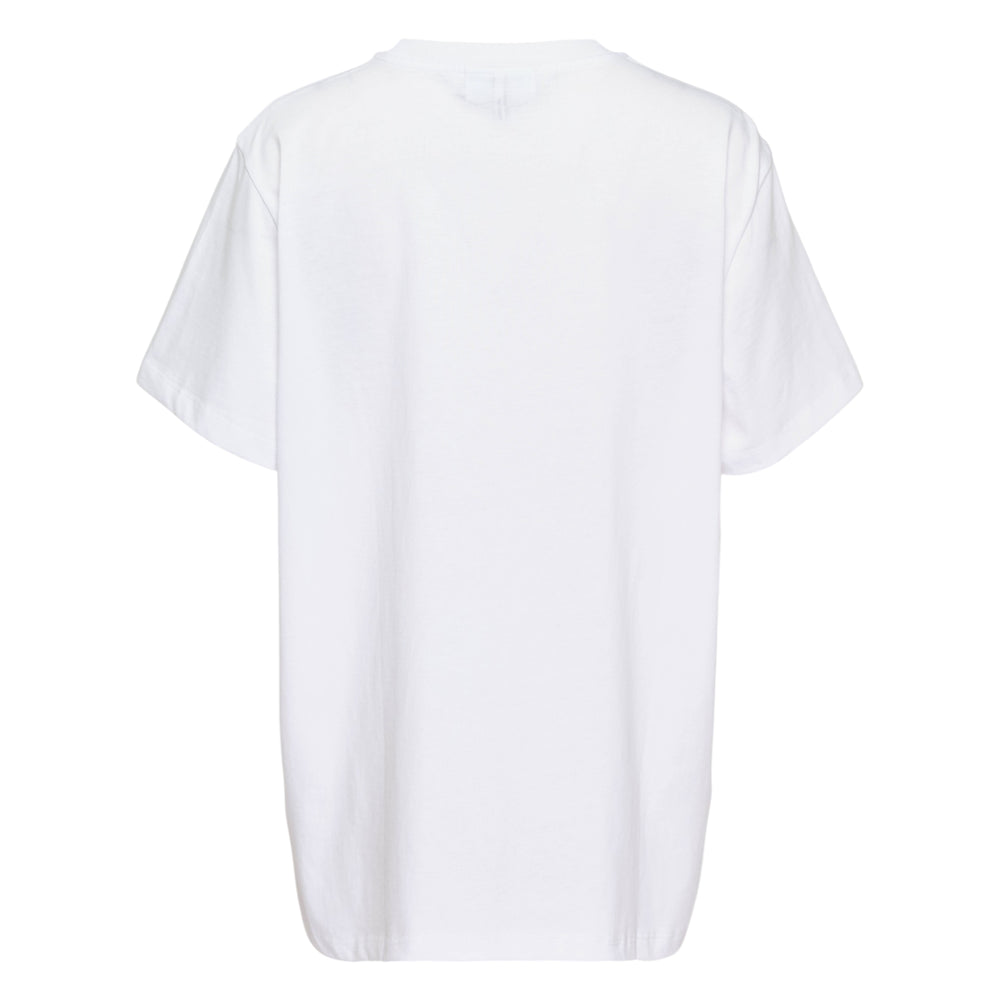 Ganni white cotton jersey t-shirt with oversized red cherry graphic print, collegiate Ganni logo, and 'Have a nice day! Please recycle' slogan on the front