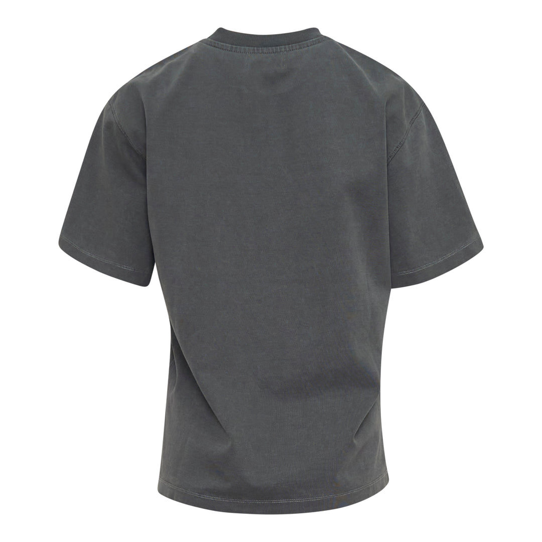 Ganni Heavy Cotton Embroidery Tee in washed charcoal grey, featuring tonal floral cutwork lace embroidery across the front, with a relaxed boxy fit and ribbed crew neckline