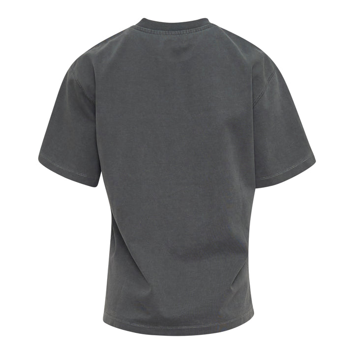 Ganni Heavy Cotton Embroidery Tee in washed charcoal grey, featuring tonal floral cutwork lace embroidery across the front, with a relaxed boxy fit and ribbed crew neckline