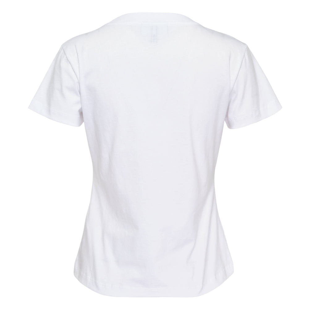 Ganni white cotton jersey baby fit tee with collegiate yellow arch logo, tiger cub graphic, and 'Have a nice day! Please recycle' slogan print