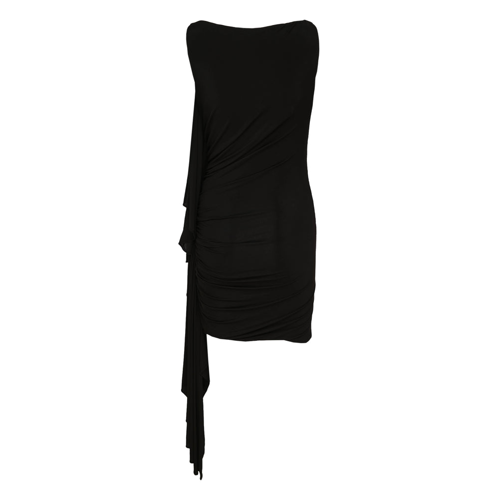 Alexander Wang black asymmetric ruched mini dress with diagonal gathering and cascading layered drape detail on one side, sleeveless silhouette, front view on white background