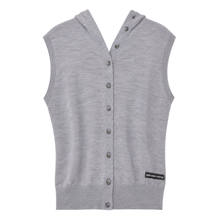 Alexander Wang heather grey hooded tank cardigan with full button-down front closure, ribbed trim, and woven brand label at hem