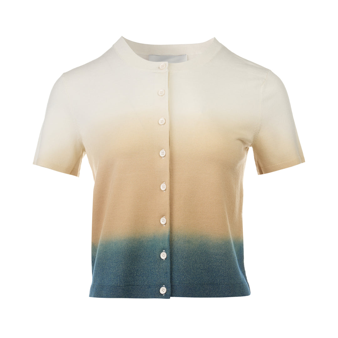 3.1 Phillip Lim lightweight short sleeve knit cardigan with an ombre gradient from ivory at the top through warm sand to slate blue at the hem, featuring white button fastening and a round neckline
