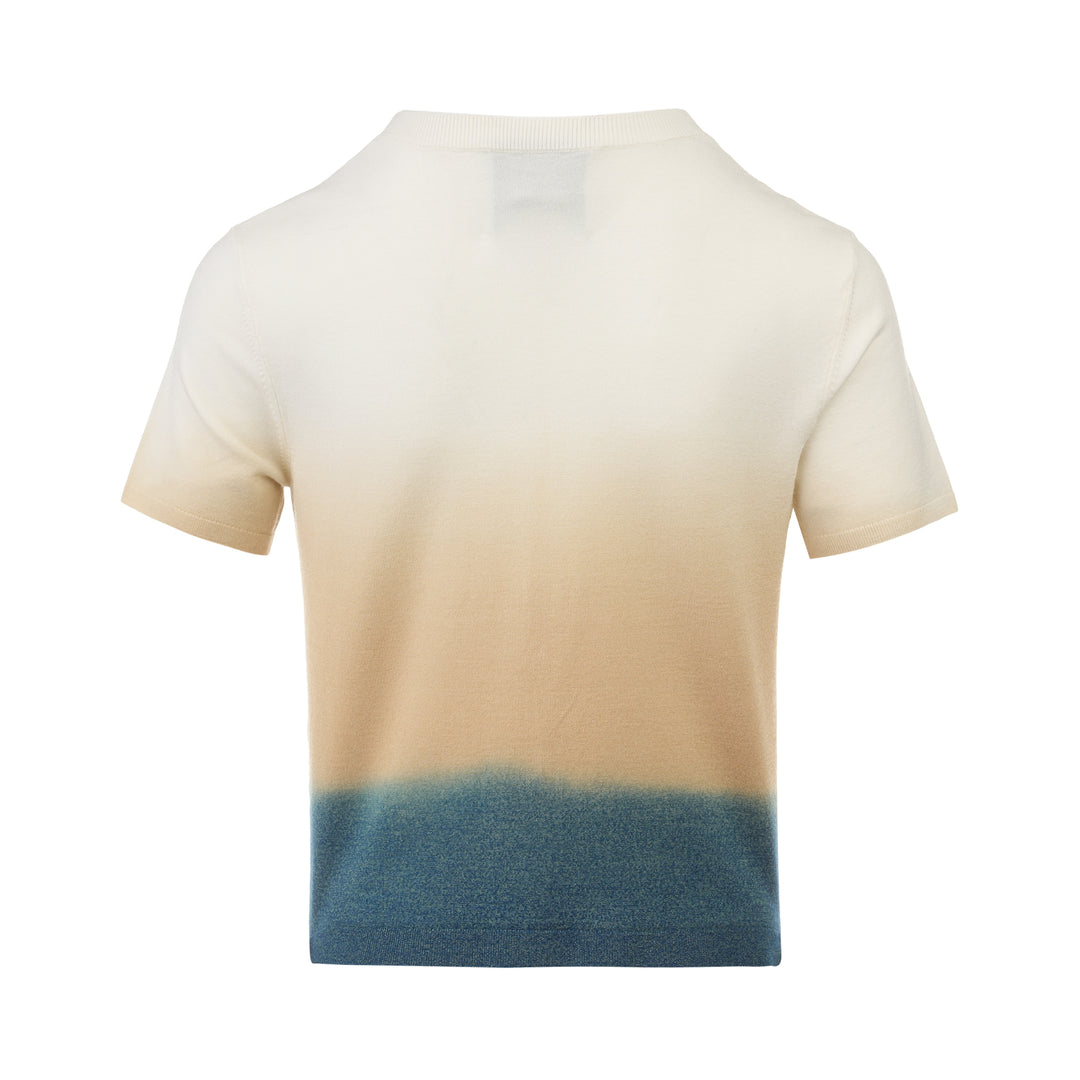 3.1 Phillip Lim lightweight short sleeve knit cardigan with an ombre gradient from ivory at the top through warm sand to slate blue at the hem, featuring white button fastening and a round neckline - view 2