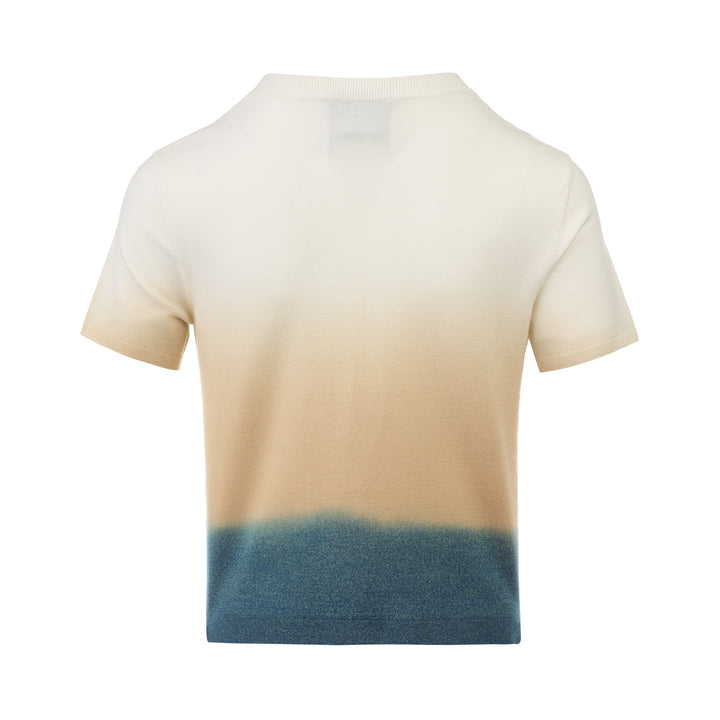 3.1 Phillip Lim lightweight short sleeve knit cardigan with an ombre gradient from ivory at the top through warm sand to slate blue at the hem, featuring white button fastening and a round neckline - view 2