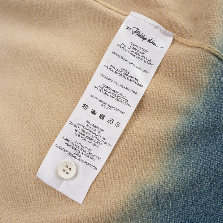 3.1 Phillip Lim lightweight short sleeve knit cardigan with an ombre gradient from ivory at the top through warm sand to slate blue at the hem, featuring white button fastening and a round neckline - view 3