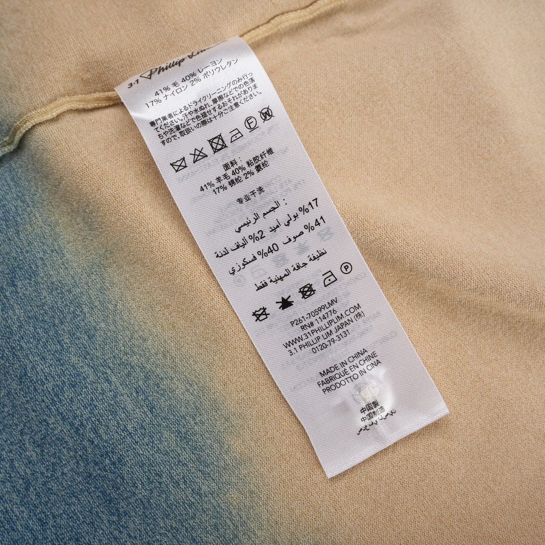 3.1 Phillip Lim lightweight short sleeve knit cardigan with an ombre gradient from ivory at the top through warm sand to slate blue at the hem, featuring white button fastening and a round neckline - view 4