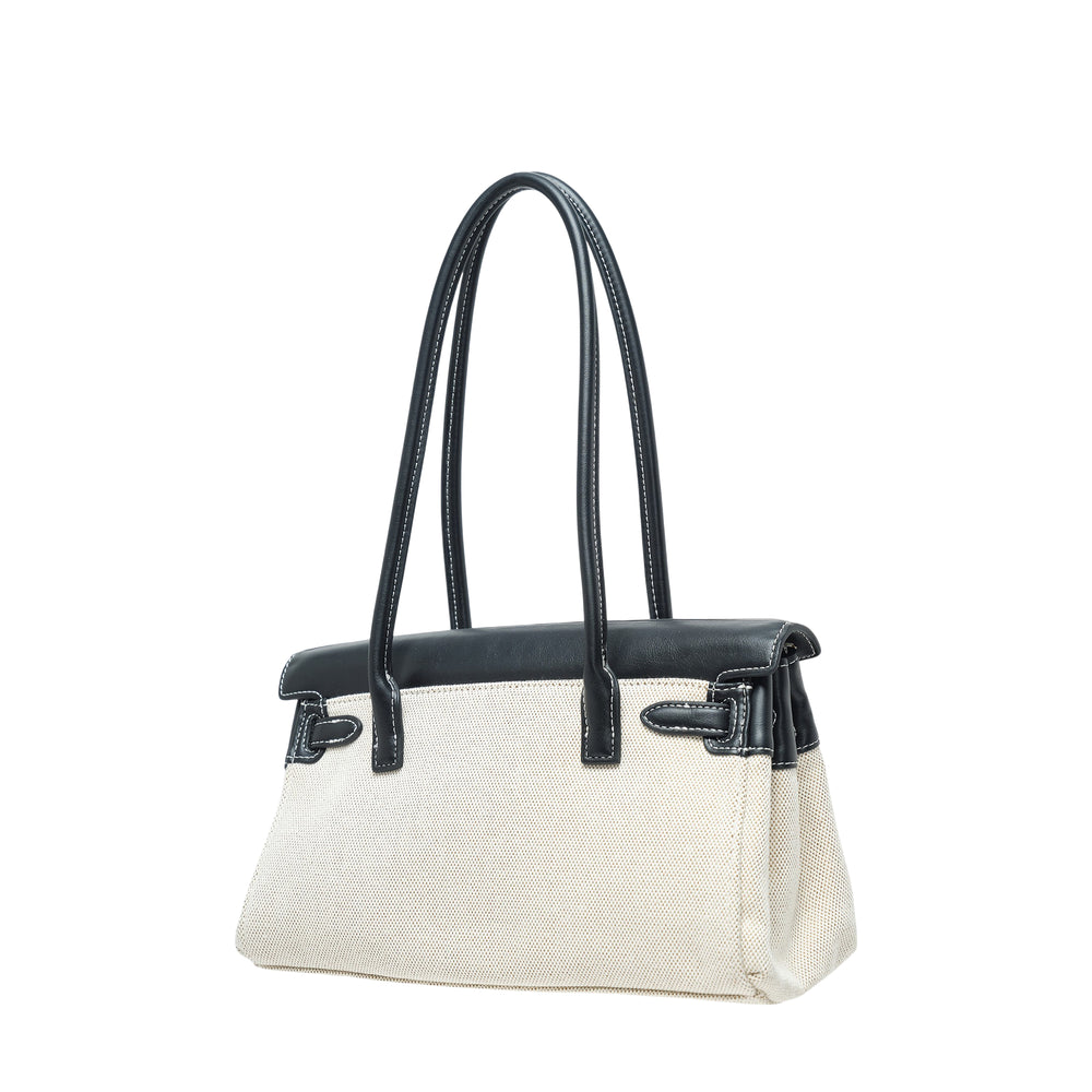 JW PEI Yara Shoulder Bag in cream canvas and black leather with gold-tone turn-lock closure and dual shoulder straps