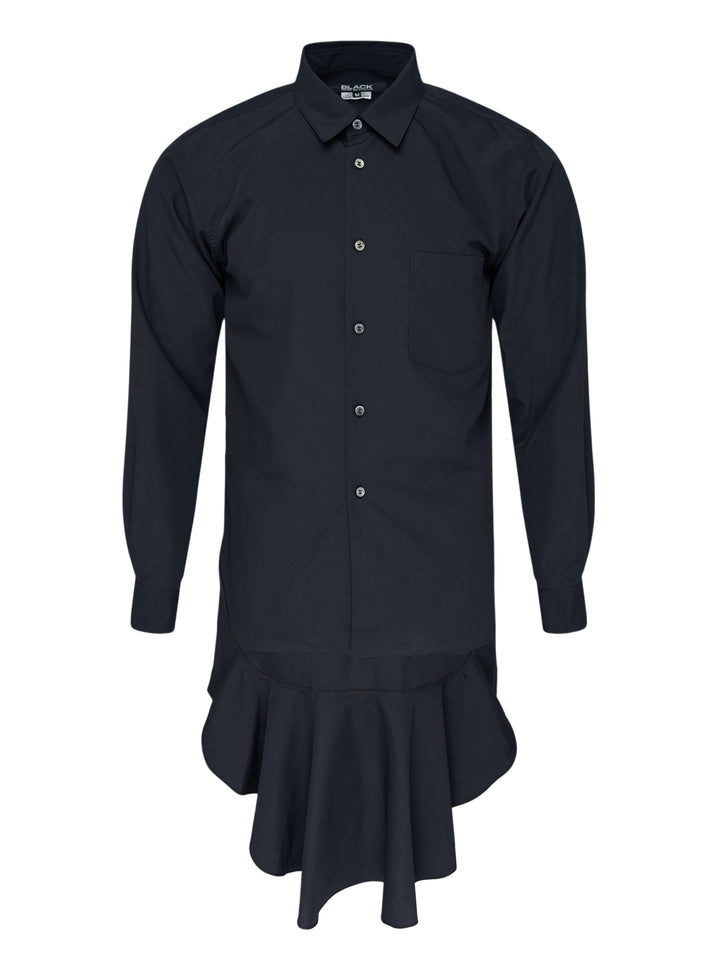 Comme des Garçons Black long sleeve navy polyester broadcloth shirt with dramatic gathered frill flounce at the hem and button-front fastening
