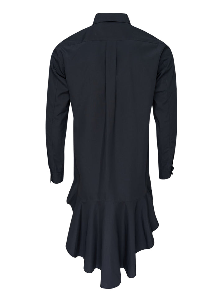 Comme des Garçons Black long sleeve navy polyester broadcloth shirt with dramatic gathered frill flounce at the hem and button-front fastening - view 2