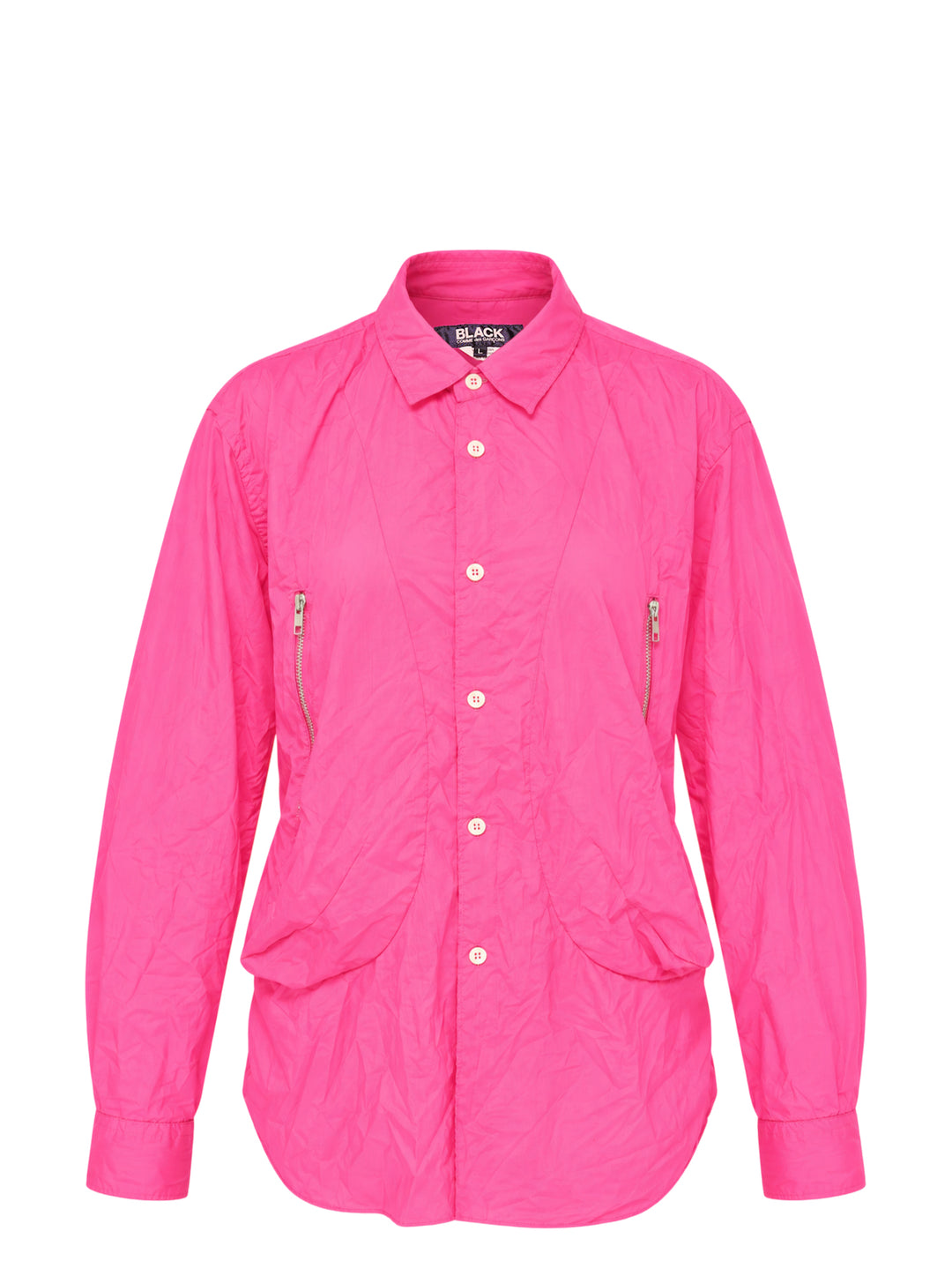Comme des Garçons Black long sleeve pink crinkled shirt with curved seams, draped hem and side zip pockets