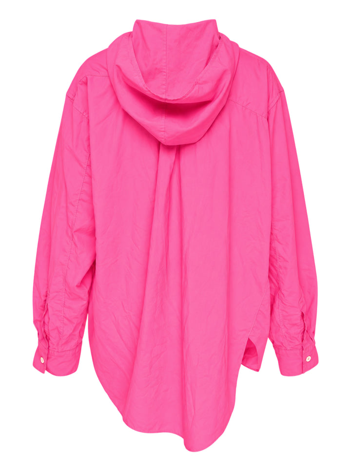 Comme des Garçons Black oversized hooded poplin shirt in bright fuchsia pink with asymmetric button placket and chest patch pocket - view 2